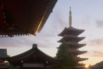 Stunning sunset over a traditional Japanese pagoda