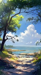 Obraz premium Coastal Path: Sunlit Beach and Ocean View
