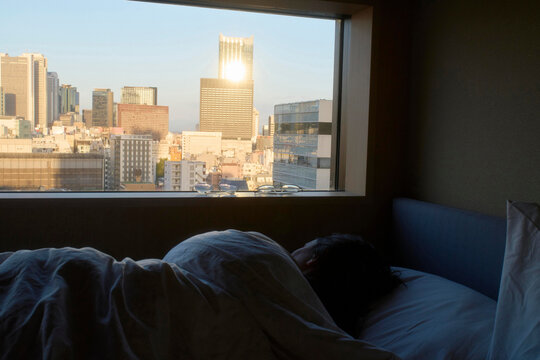 Morning tranquility in a Tokyo hotel room with a breathtaking view