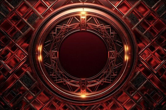 An elegant futuristic background featuring deep crimson red ornamental lattice patterns, subtle glowing golden accents, and a circular centerpiece with an intricate copper-like metallic frame.