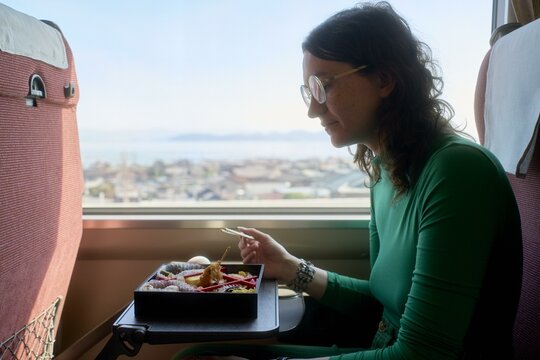 Enjoying delicious Japanese cuisine  during scenic train travel