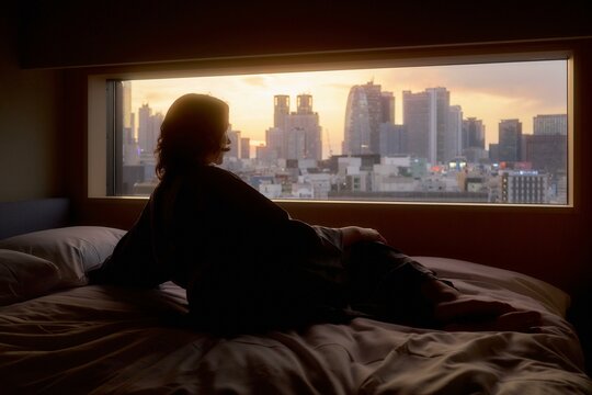 Sunset reflections over Tokyo skyline create a serene atmosphere