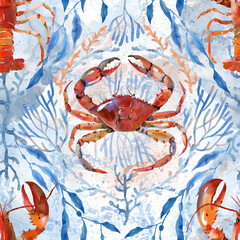 Vibrant watercolor pattern featuring lobsters and seaweed in a coastal theme for marine-inspired decor
