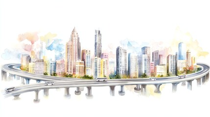 A vibrant watercolor cityscape featuring modern skyscrapers, winding roads, and a bright sky, showcasing urban life and architecture.