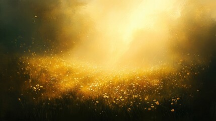 Fototapeta premium Golden Field of Wildflowers Under a Bright Sunlit Sky with Soft Hues and Dreamy Atmosphere