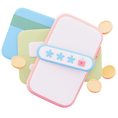 Digital smartphone screen displaying password and atm card with coin representing business safe transactions icon 3d render illustration image