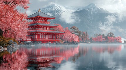 Naklejka premium Red pagoda reflected in misty lake, snow-capped mountains.