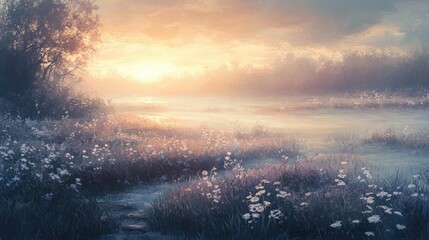 Naklejka premium Serene Sunrise Over Tranquil Meadow with Delicate Wildflowers and Soft Mist in the Morning Light