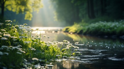 Fototapeta premium A mesmerizing scene of nature’s wonders, with lush greenery, rolling mountains, and a peaceful stream meandering through the landscape.