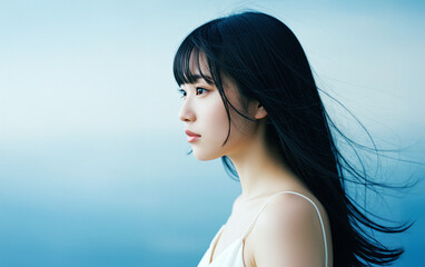 黒髪の綺麗な女性の横顔の写真（アジア人・日本人）