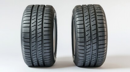 Two car tires showcasing unique tread patterns on a clean white background in a studio setting