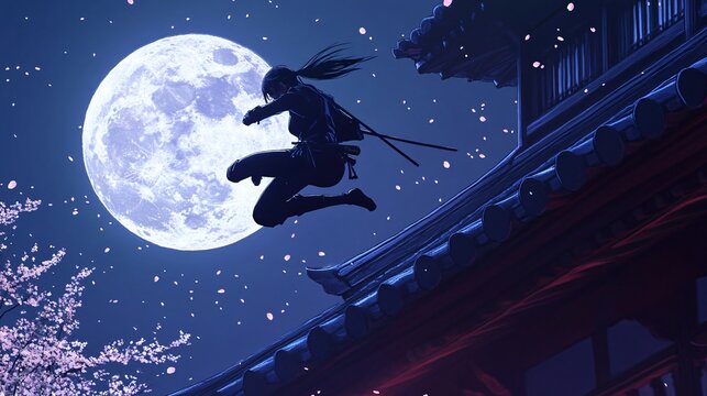 Pixel Art Ninja Leaping Across Rooftop Under Full Moon