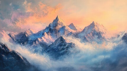 Obraz premium Majestic Snow-Covered Peaks Bathed in Soft Evening Light Against a Dramatic Sky