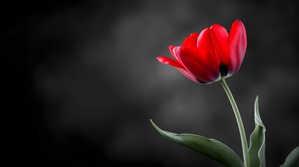 A striking red tulip stands gracefully against a dark, blurred background, highlighting its vibrant color and delicate petals.