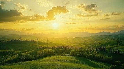 Obraz premium Serene Tuscan Landscape at Sunset with Wind Turbines and Rolling Hills