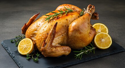 Golden roast chicken on a slate plate, garnished with lemon and herbs. A delicious, rustic meal ready to serve.