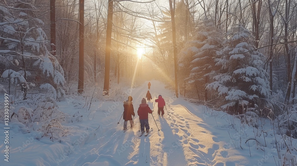 Poster a group of children is engaging in cross country skiing along a snowy path, surrounded by tall trees
