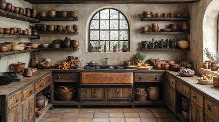 Rustic kitchen with copper sink, wooden cabinets, and pottery.