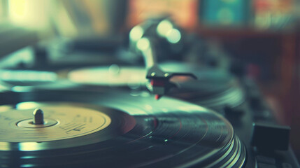 Close-up of a vinyl record spinning on a turntable, symbolizing music collection and nostalgia, with blurred album covers in the background. Music and retro concept.