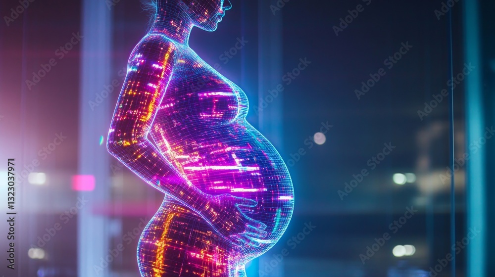 Leinwandbilder a glowing silhouette of a pregnant figure showcases a blend of technology and the miracle of life. t