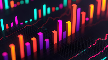 Colorful data visualization with vibrant bars and lines representing statistics
