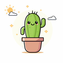 Cute cactus in pot with sun and clouds vector illustration