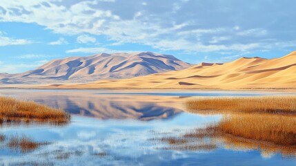 Desert Sands Reflecting in Calm Lake Water