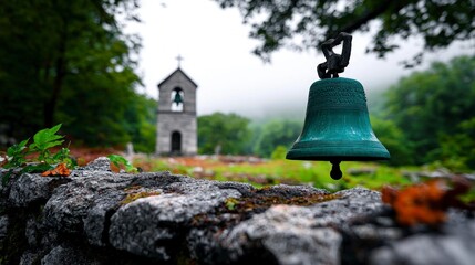 Church Bell  Stone Wall  Misty Landscape  Religious Symbol  Faith  Hope  Serenity  Tranqui