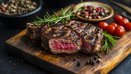 perfectly grilled ribeye steak sliced to reveal juicy pink center served on wooden board with rosemary