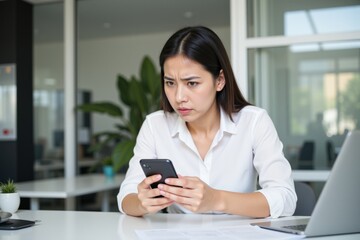 Obraz premium A Focused Asian Woman in Her 30s Dressed in a White Shirt Concentrating on Her Smartphone While Working at a Desk in a Modern Office Environment