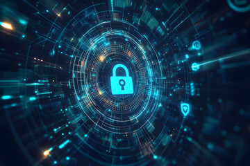 Obraz premium A cybersecurity concept featuring a padlock icon at the center, surrounded by a digital network