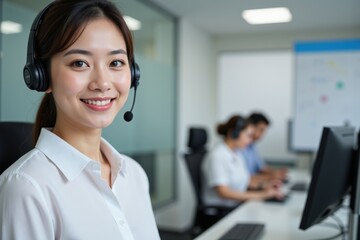 Fototapeta premium Smiling Asian Woman in a Headset in a Modern Office Environment with Colleagues Working at Desks, Representing Customer Support and Professional Services