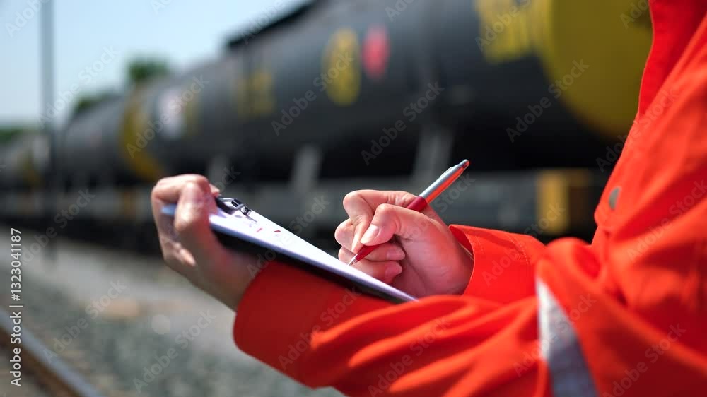 Wall mural an engineer is checking heavy machine checklist form during inspecting condition, with blurred backg