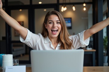 Joyful Female Office Worker Celebrating Success at a Modern Workspace with Laptop, Exuding Excitement and Professionalism in a Bright and Stylish Environment