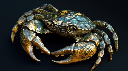 A golden-hued crab with iridescent reflections on its shell, placed on a dark, single-color background for maximum contrast