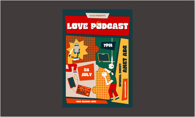 Love Podcast Flyer. Streaming online. Radio show. Light sign. Night club logotype. Fluorescent signboard. Vector stock illustration
