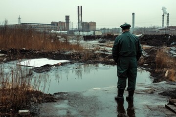 Person in uniform observes polluted industrial landscape.