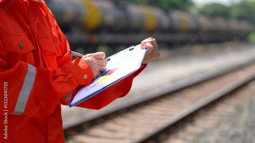 Wall mural an engineer is checking heavy machine checklist form during inspecting condition, with blurred backg