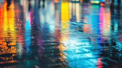 Colorful City Reflections In Wet Pavement At Night