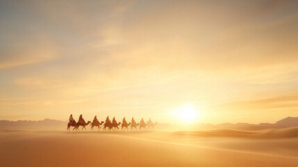Naklejka premium Caravan's Golden Hour: A majestic caravan journeys across the vast, undulating dunes of a desert landscape, silhouetted against a radiant sunset. evokes a sense of adventure and ancient travel