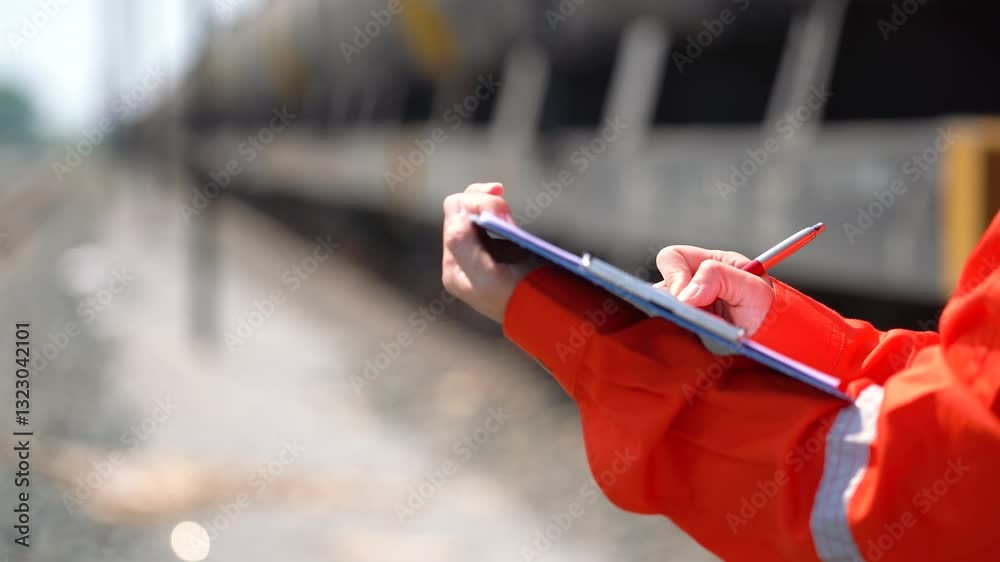 Wall mural an engineer is checking heavy machine checklist form during inspecting condition, with blurred backg
