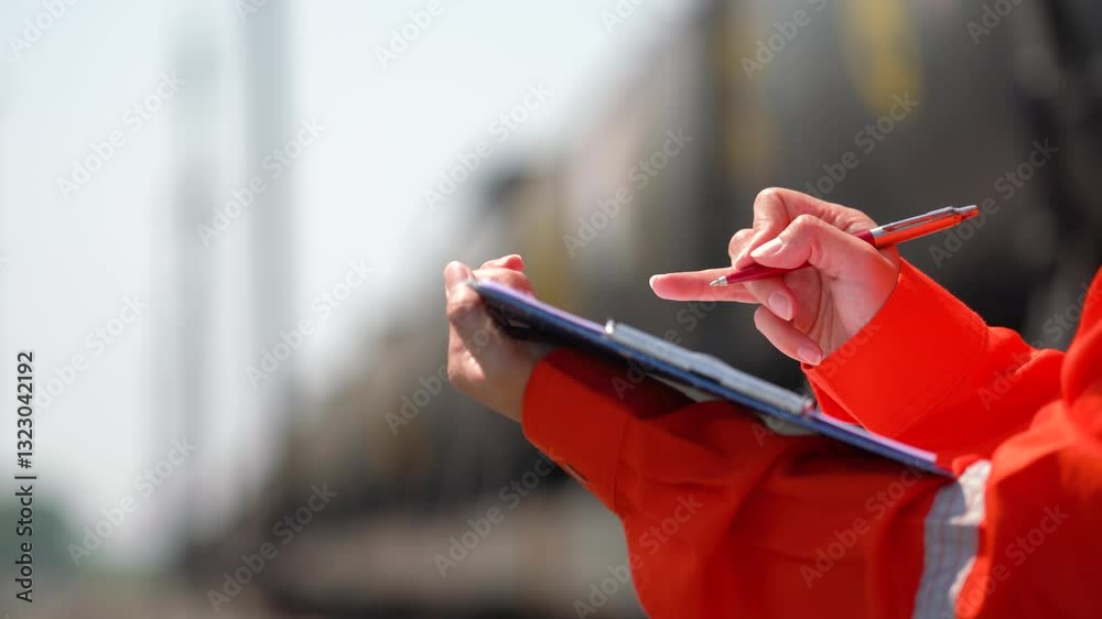 Wall mural an engineer is checking heavy machine checklist form during inspecting condition, with blurred backg