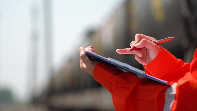 An engineer is checking heavy machine checklist form during inspecting condition, with blurred background of train and railway. Transportation industrial working with safety practice, close-up.
