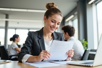 A Young Professional Woman Engaged in Document Review at a Modern Office Workspace, Smiling and Focused on Her Work