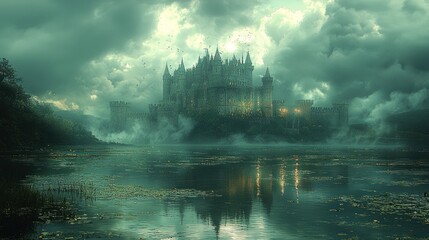 Fototapeta premium Enchanting gothic castle on misty lake at dusk.