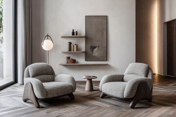 Modern living room with two armchairs, wooden floor, and artwork.