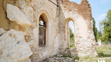 Fototapeta premium Echoes of the Past: Weathered brick and stone architecture of a historic building, windows and arches stand as silent witnesses to bygone eras.