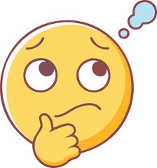 Thinking emoji with hand on chin and thought bubble, A yellow thinking emoji with a hand on its chin and a thought bubble, symbolizing curiosity and deep contemplation.
