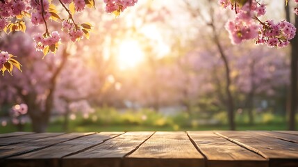 Empty wooden table in Sakura flower park with garden bokeh background, country outdoor theme mock-up for product display. wooden table in front of the spring blossom tree landscape. Product display