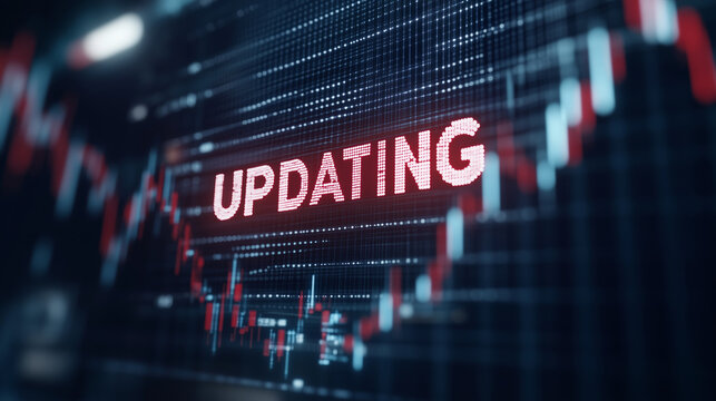 Digital Data Update: A captivating visualization showcasing a digital update in progress, with a striking "UPDATING" sign overlayed on dynamic financial data graphs.